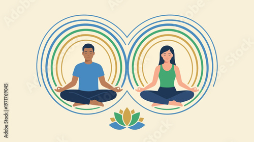 Flat illustration of a man and woman meditating with a peaceful aura and lotus flower