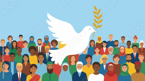 Stylized white dove flying with a golden olive branch over a multicultural crowd