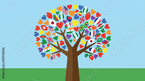 A large colorful tree with leaves shaped like hearts and global flags