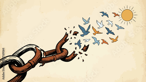 Hand-drawn style vector of a broken chain turning into flying birds for freedom