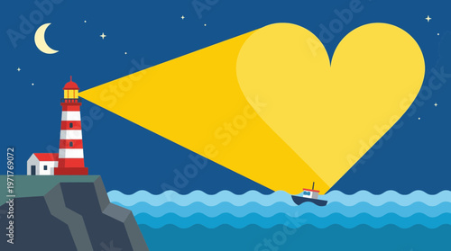 Vector illustration of a lighthouse shining a heart-shaped beam of light over the sea