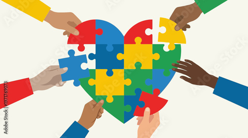 Illustration of a heart-shaped puzzle being completed by diverse hands