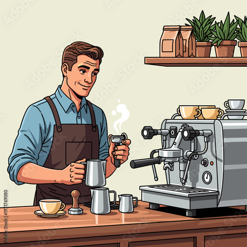 A smiling barista in an apron preparing coffee with an espresso machine and milk pitchers on a wooden counter in a cafe.