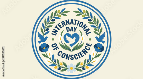 Circular banner design with the text International Day of Conscience and floral elements
