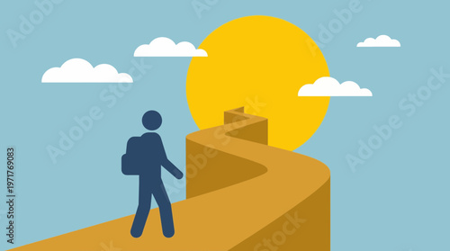 Abstract flat vector of a person walking a path that leads into a bright sun