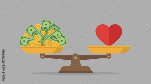 A scale balancing a pile of money against a single small heart symbol