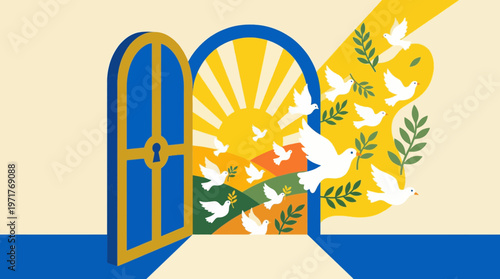 A symbolic door opening to a bright landscape filled with peace doves and sun