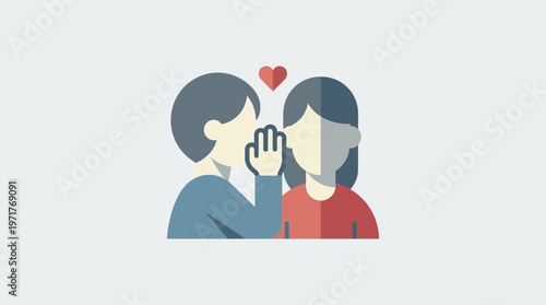 Simple flat icon of a person whispering into another person's ear with a heart icon
