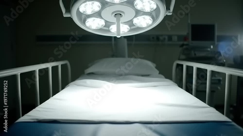 Empty Hospital Bed Under Surgical Lamp in Dark Room.