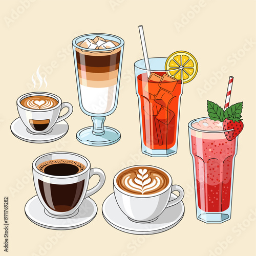 A vibrant collection of refreshing beverages, including layered coffee, iced tea, and a strawberry smoothie, perfect for a cafe or summer day.