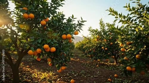 Scenic view of a lush orange grove on a sunny day with ripe citrus fruits hanging from the branches.
