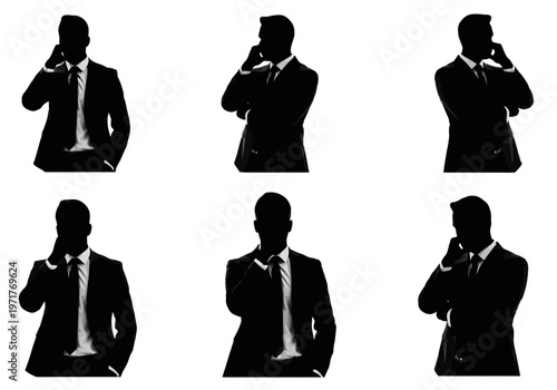 Silhouettes of a businessman in a suit thinking