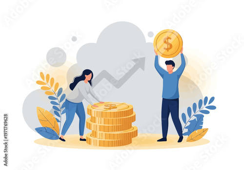 Business people stacking golden coins with growth chart background