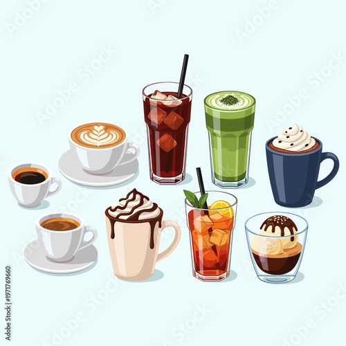 A vibrant collection of various coffee and tea beverages, including espresso, latte, iced coffee, matcha, and iced tea, presented in an appealing arrangement.