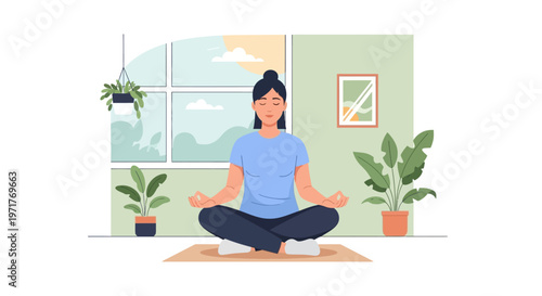 Woman meditating peacefully indoors with houseplants and natural light