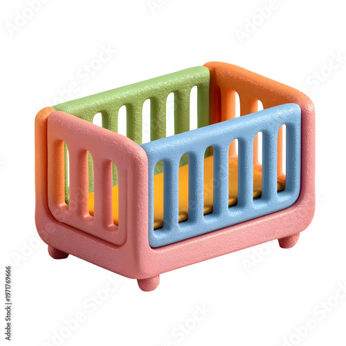 A colorful toy crib with a yellow mattress designed for playtime or nursery decor presented in a 3D render style against a white background