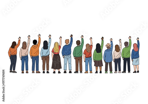 Group of diverse people standing in a row with hands raised