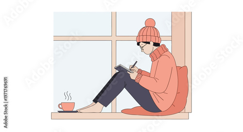 relaxed woman sitting by window with coffee and phone