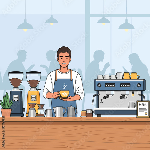 A friendly male barista stands behind a wooden counter in a modern coffee shop, holding a steaming cup of coffee, with espresso machines and customers in the background.