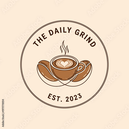 Circular logo for 'The Daily Grind' coffee shop, featuring a steaming cup with latte art and coffee beans, established 2023, on a light background.
