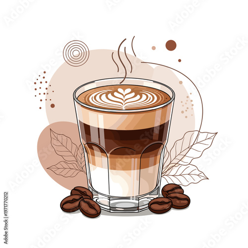 A layered macchiato coffee drink with latte art, coffee beans, and abstract decorative elements.
