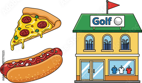 Pizza slice and hot dog fast food with golf shop building storefront cartoon vector illustration set