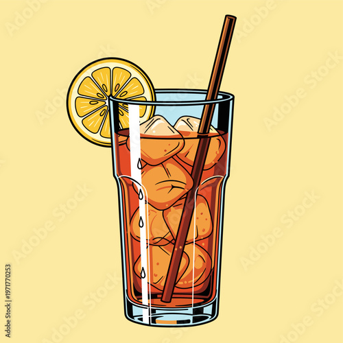 A tall, clear glass filled with iced tea, ice cubes, and a lemon slice garnish, with a straw for sipping.