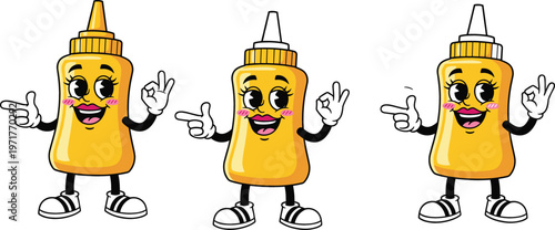 Cute cartoon mustard sauce bottle characters pointing finger playful condiment mascot vector illustration set
