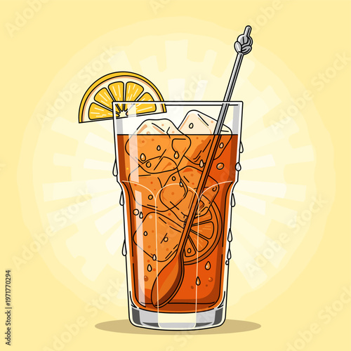 A tall glass filled with iced tea, garnished with a lemon slice and a stirrer, on a yellow background.