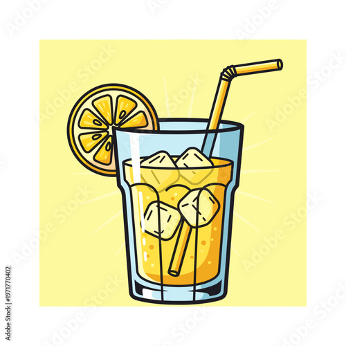 A refreshing glass of iced lemonade with a lemon slice and a straw, set against a bright yellow background.