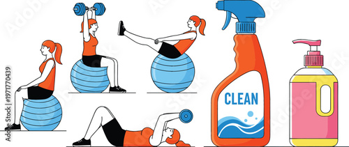 Woman exercising with fitness ball and dumbbells and household cleaning products spray and liquid soap vector illustration set