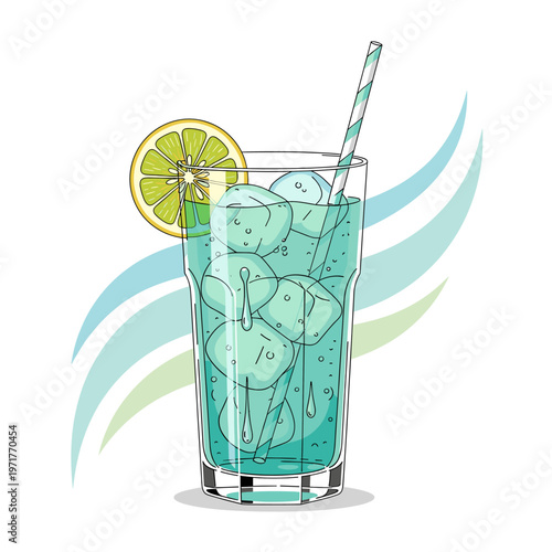A refreshing tall glass filled with a vibrant blue beverage, ice cubes, and a lemon slice, garnished with a striped straw, set against a backdrop of abstract wavy lines.
