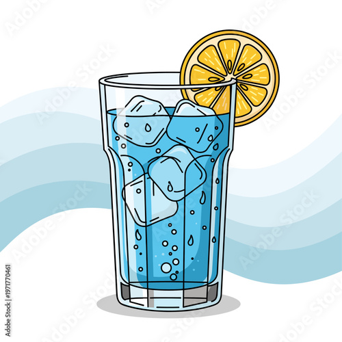 A refreshing tall glass filled with blue liquid, ice cubes, and a lemon slice garnish, set against a light blue wavy background.