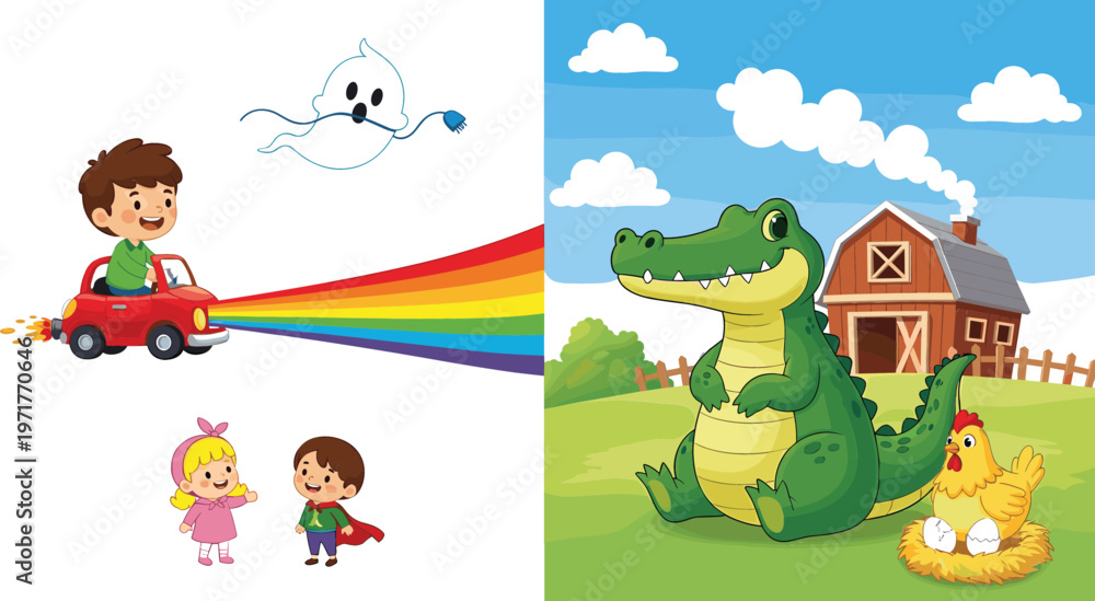 Obraz premium Kids imagination scene with rainbow car ghost and farm crocodile with chicken nest cartoon vector illustration set