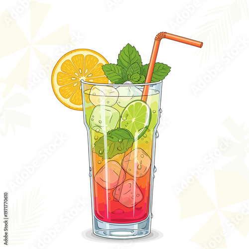 A tall, refreshing glass filled with ice, mint, lime, and orange slices, garnished with a citrus wheel and a straw, perfect for a summer day.