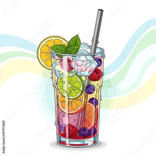 A tall glass filled with a refreshing beverage, adorned with slices of citrus fruits, berries, mint, and ice, with a metal straw.