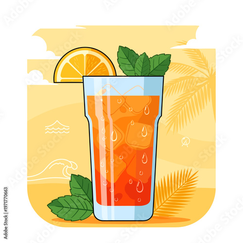 A refreshing tall glass of iced tea with orange slices and mint leaves on a tropical beach background.