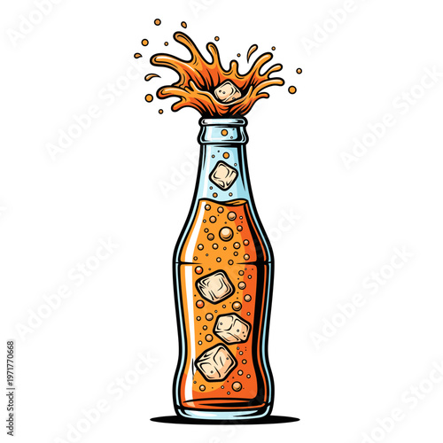 A refreshing orange soda with ice cubes splashing out of a glass bottle, creating a dynamic burst of liquid.