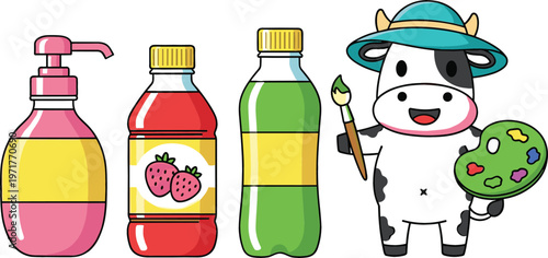 Cute cartoon cow painter with paint palette and colorful drink bottles vector illustration set