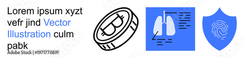 Cryptocurrency, medical technology, diagnostics, cybersecurity, data security, and fingerprint authentication. are a Bitcoin coin outline, a lung X-ray diagram, and a fingerprint on a shield