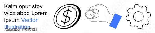 Business operations, time management, financial planning, productivity tools, workflow optimization, cost efficiency. Dollar sign, hand holding a clock and a gear. Financial planning and time