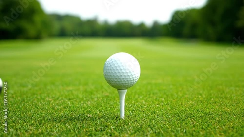 Close-up shot of a golfer teeing up a white golf ball on a golf course for a game