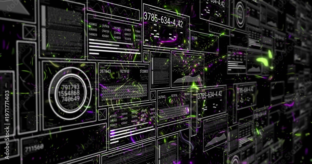 Obraz premium Displaying dense grid of data panels and widgets receding on 3D data wall, with neon particles