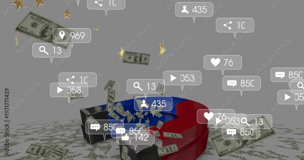 Fototapeta premium Pulling large horseshoe magnet drawing US bills upward in grey studio, with social notifications