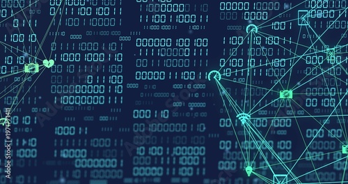 Foto Displaying neon network graph glowing on right side in navy backdrop, with binar