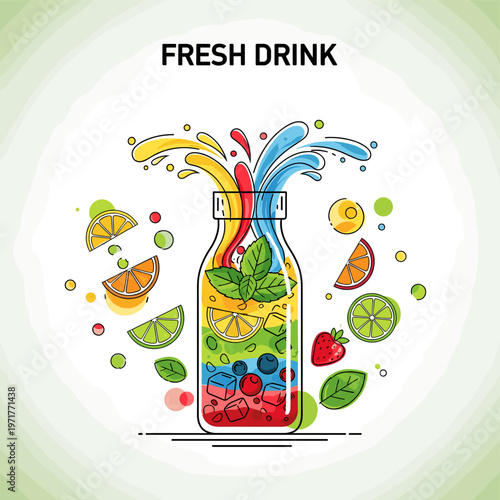 Vibrant bottle filled with colorful layers of fruit, ice, and mint, with a refreshing splash of liquid erupting from the top, surrounded by assorted fruits.