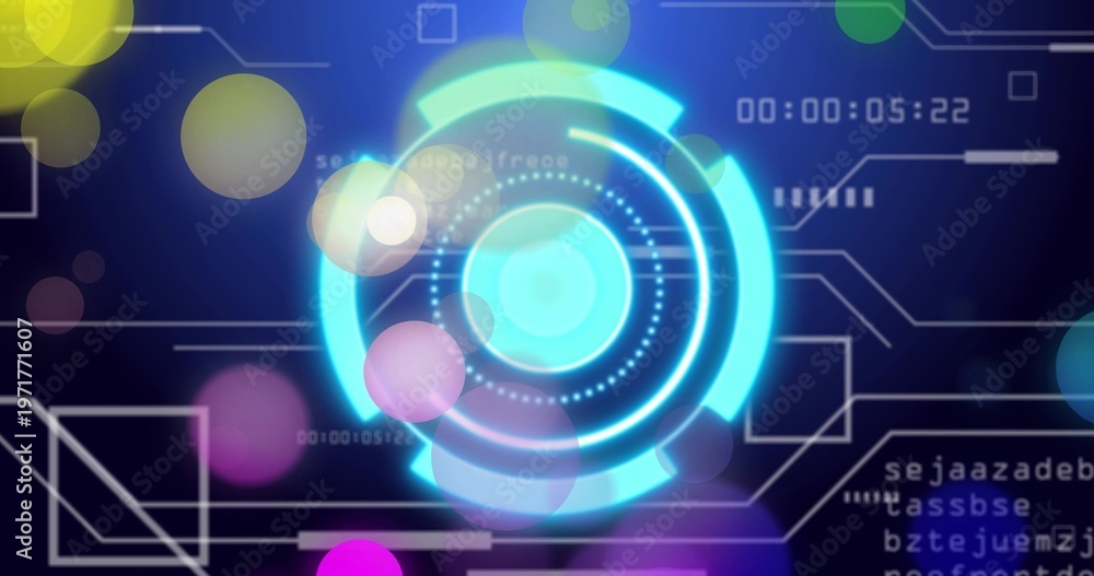 Naklejka premium Vertical video: Cyan HUD pulsing rings while timecode counting causing system status mode for tech