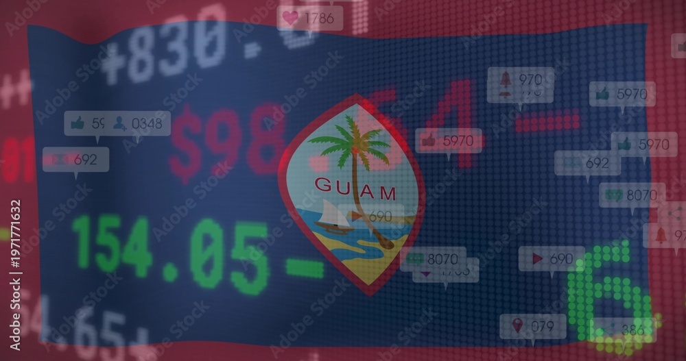 Fototapeta premium Displaying Guam flag central seal overlaying digital dashboard with financial tickers, bubble icons