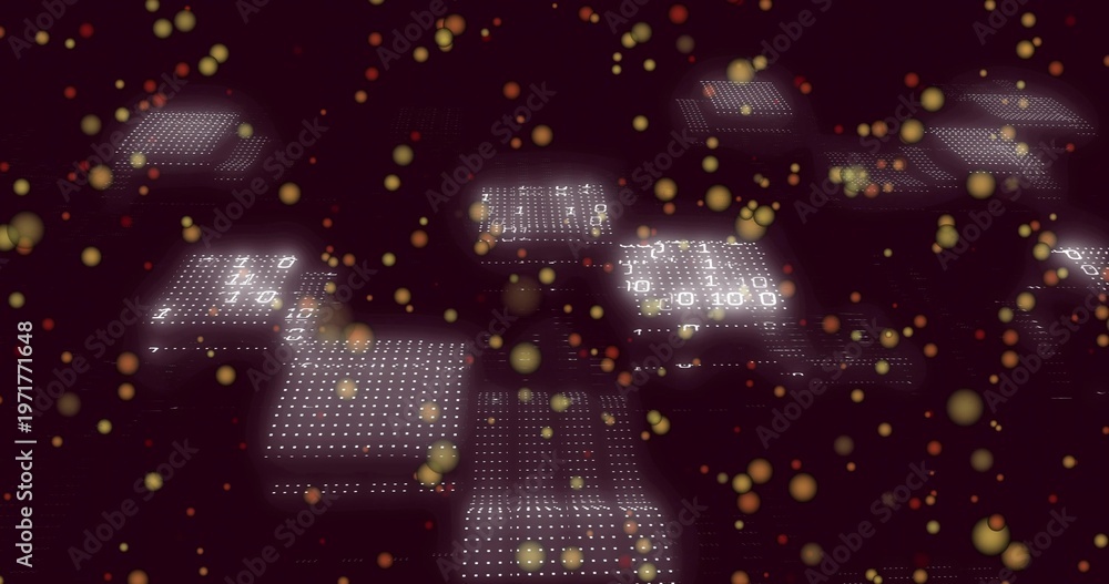 Obraz premium Hovering central cluster featuring lit dot panels with numeric digits in virtual space, gold bokeh