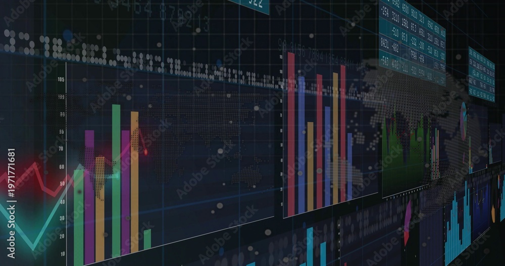 Fototapeta premium Showing multi-panel dashboard with bars, lines, scatter markers on dark data wall, numeric readouts